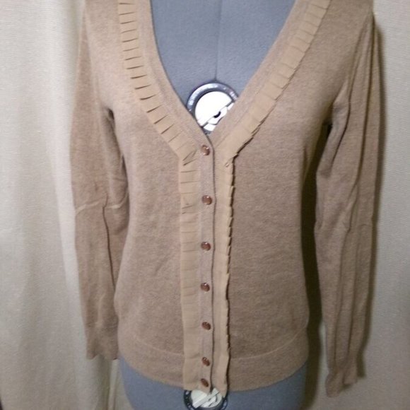 MERONA Cardigan sweater S Warm Brown Pleated V-neck ruffles Tight-knit Long slv - Picture 3 of 9